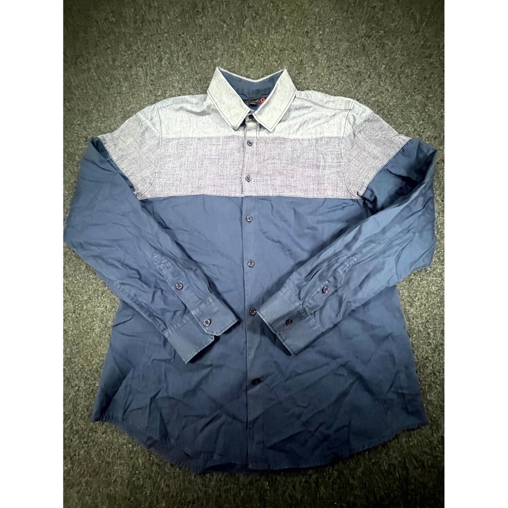 G by Guess Shirt Mens Medium Blue Gray Colorblock Long Sleeve Collared Button Up